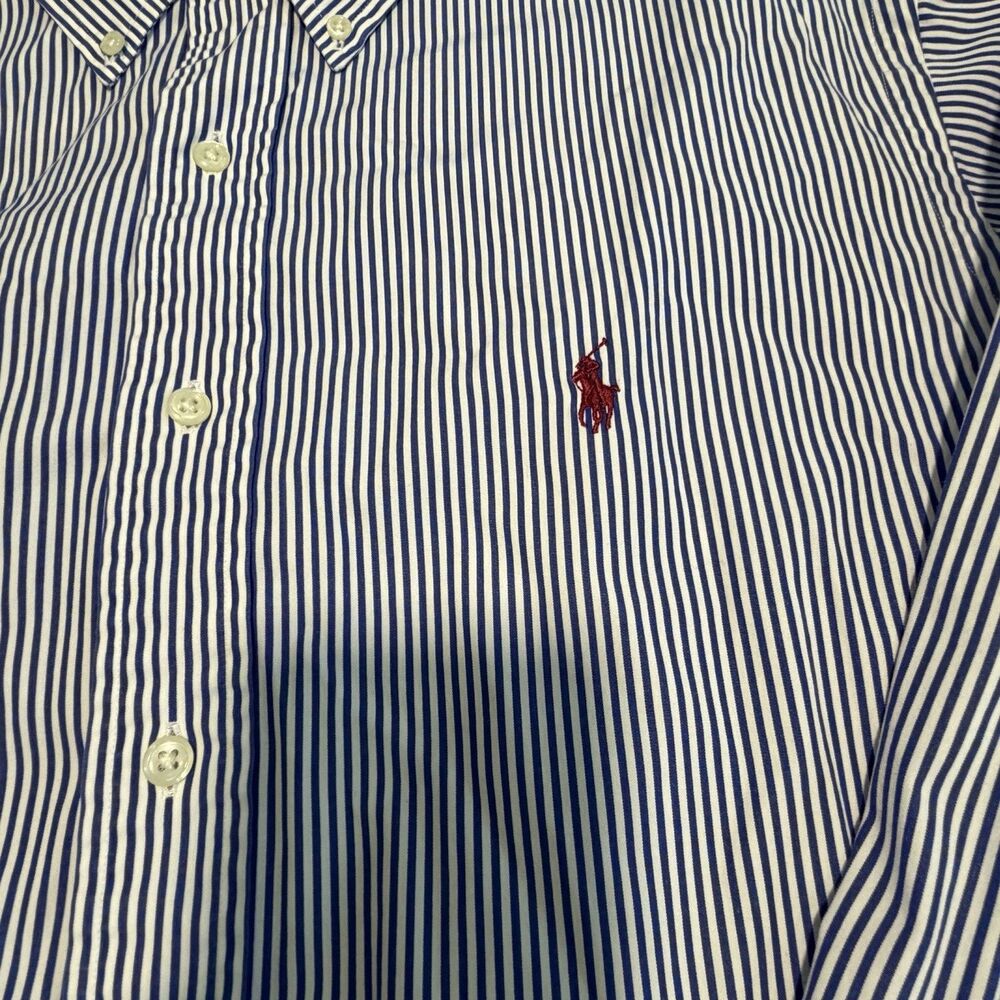 Polo Ralph Lauren Shirt Mens 17.5 32/33 Classic Fit Blue White Stripe Red Pony - Picture 4 of 9